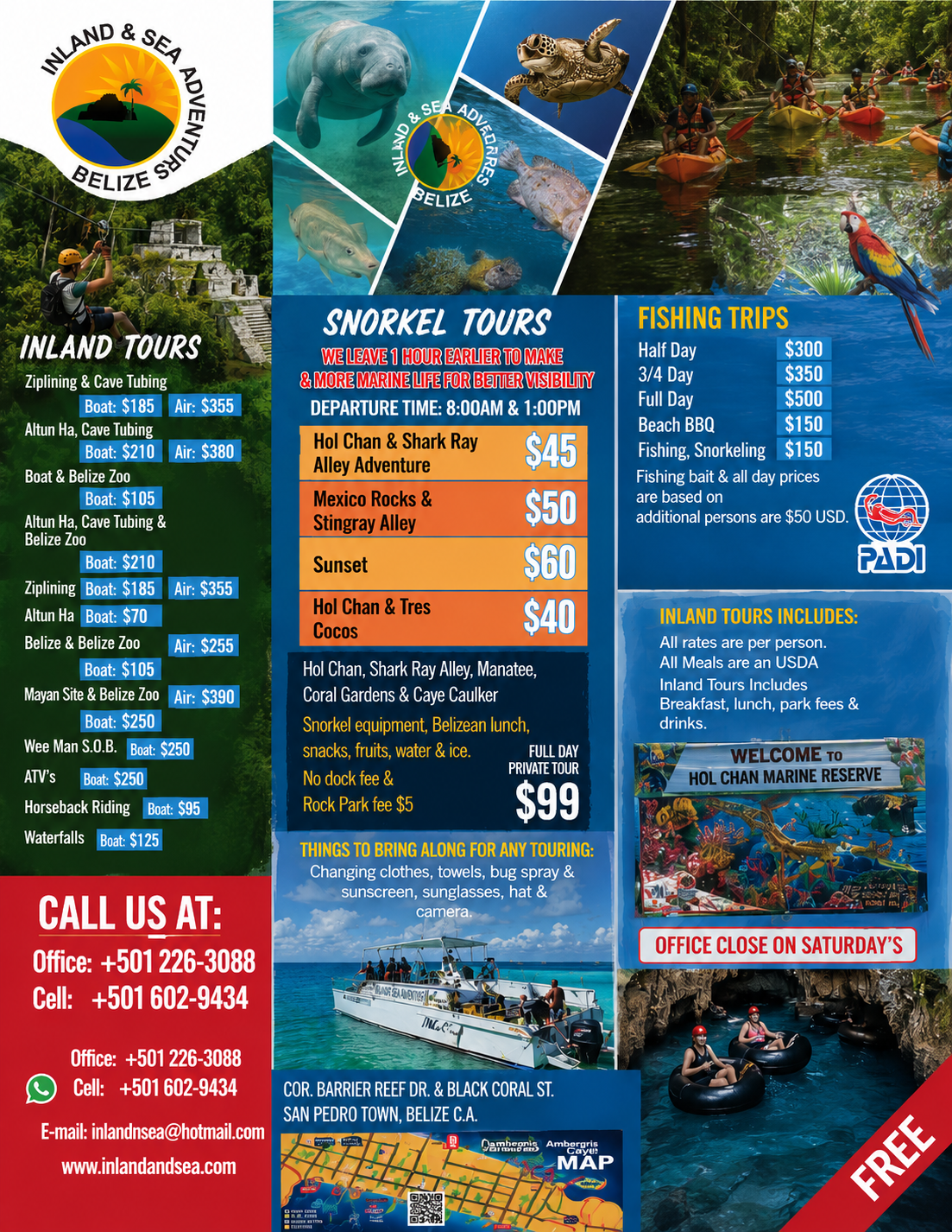 Inland & Sea Adventures Belize flyer — Inland Tours: ziplining, cave tubing, Altun Ha, Belize Zoo, plus reef snorkeling from San Pedro
